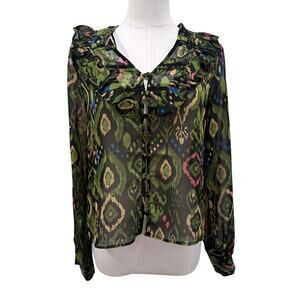 Muse Republic Ikat Green Black Sheer Blouse Ruffle Boho Romantic XS Indie Office